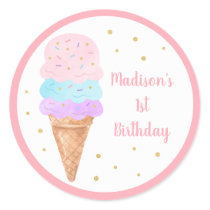 Ice Cream Pink Gold Pastel Birthday Classic Round Sticker
