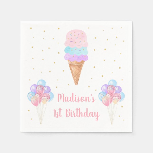 Ice Cream Pink Gold Pastel Birthday Napkins (Front)