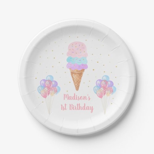 Ice Cream Pink Gold Pastel Birthday Paper Plates