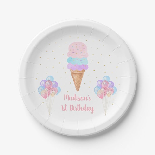 Ice Cream Pink Gold Pastel Birthday Paper Plates (Front)