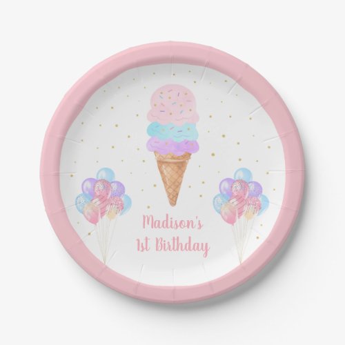 Ice Cream Pink Gold Pastel Birthday Paper Plates