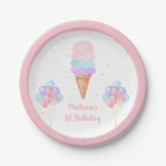 Ice Cream Pink Gold Pastel Birthday Paper Plates (Front)