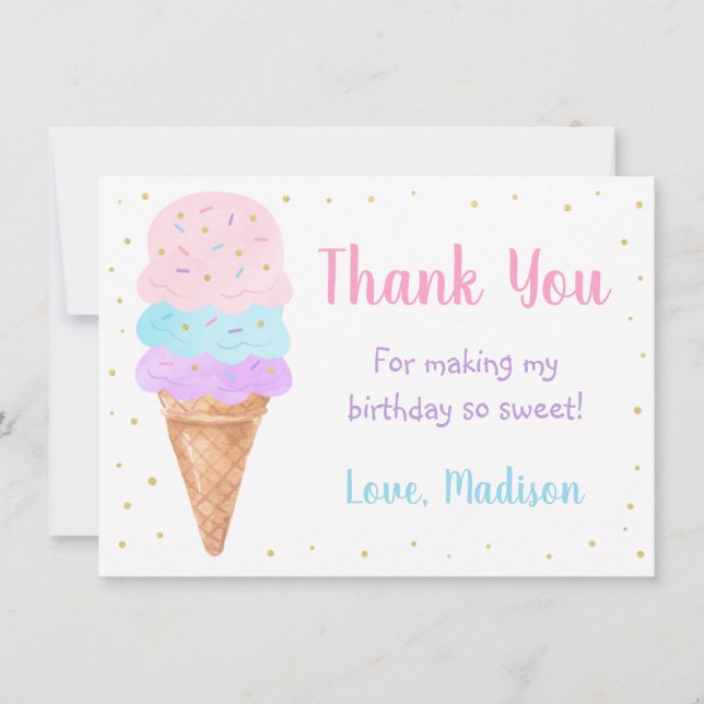 Ice Cream Pink Gold Pastel Birthday Thank You Card (Front)