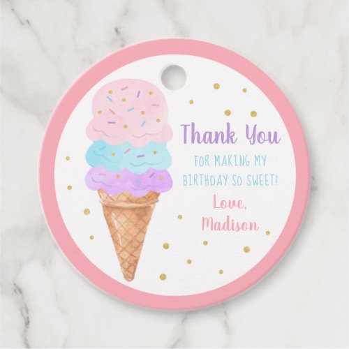 Ice Cream Pink Gold Pastel Birthday Thank You Favor Tags