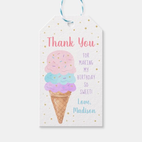 Ice Cream Pink Gold Pastel Birthday Thank You Gift Tags