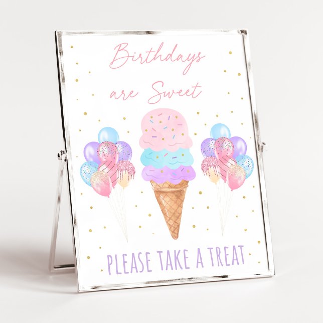 Ice Cream Pink Gold Pastel Birthday Treat Sign (Creator Uploaded)