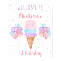 Ice Cream Pink Gold Pastel Birthday Welcome Poster
