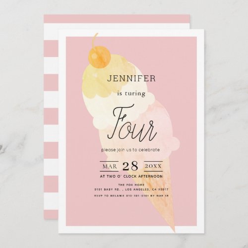 Ice Cream Pink Stripe Girl Birthday Invitation