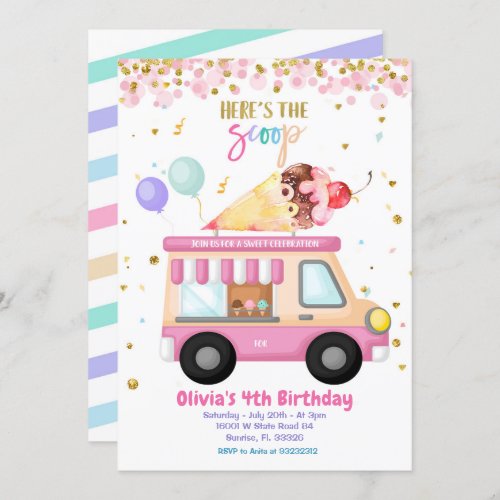 Ice Cream Pink Truck Sweet Time Birthday  Invitation