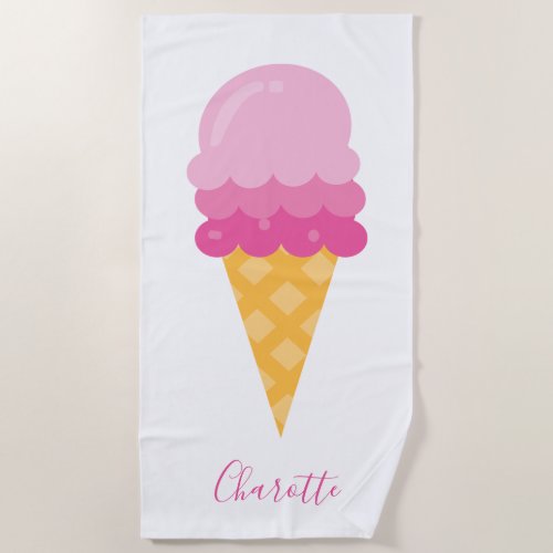 Ice cream pink white monogram script beach towel