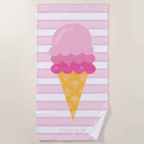 Ice cream pink white stripes monogram beach towel