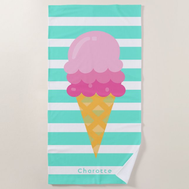 Ice cream pink white turquoise stripes monogram  beach towel (Front)