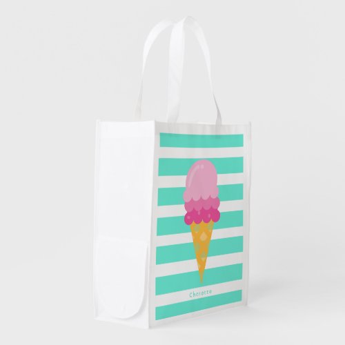 Ice cream pink white turquoise stripes monogram grocery bag