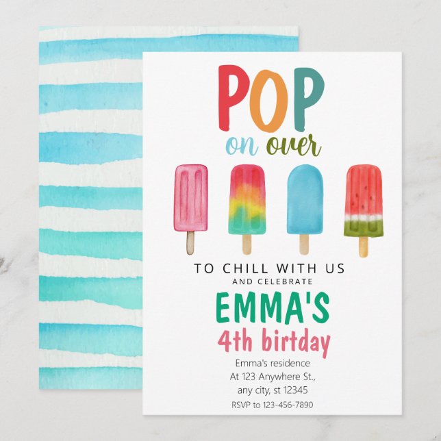  Ice cream Pool Birthday Invitation Pop On Over (Front/Back)