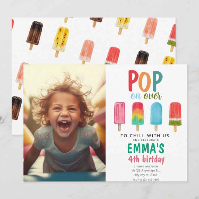 Ice cream Pool Birthday Photo Pop On Over Invitation (Front/Back)
