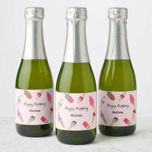 Ice Cream Popsicle Birthday Pink Party  Sparkling Wine Label