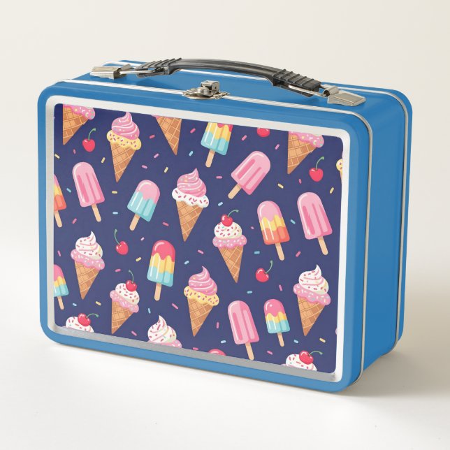 Ice cream, popsicles and cherries pattern metal lunch box (Front)