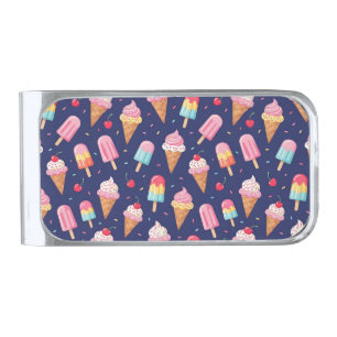 Ice cream, popsicles and cherries pattern silver finish money clip