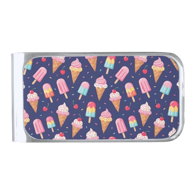 Ice cream, popsicles and cherries pattern silver finish money clip (Front)