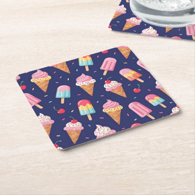 Ice cream, popsicles and cherries pattern square paper coaster (Angled)