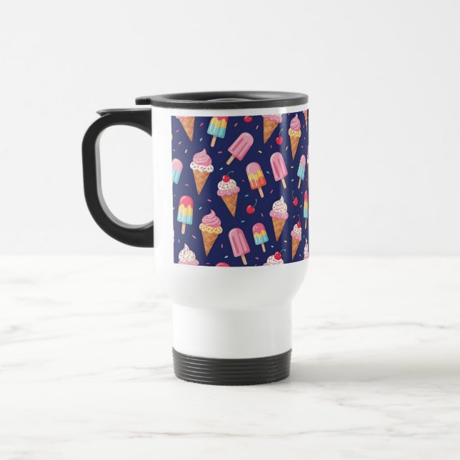 Ice cream, popsicles and cherries pattern travel mug (Left)