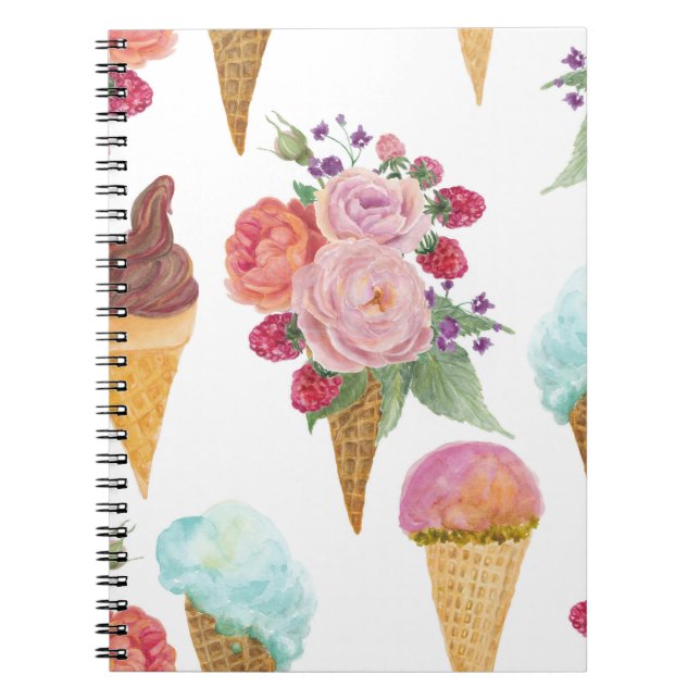 Ice-cream, raspberries: watercolor pattern. notebook (Front)