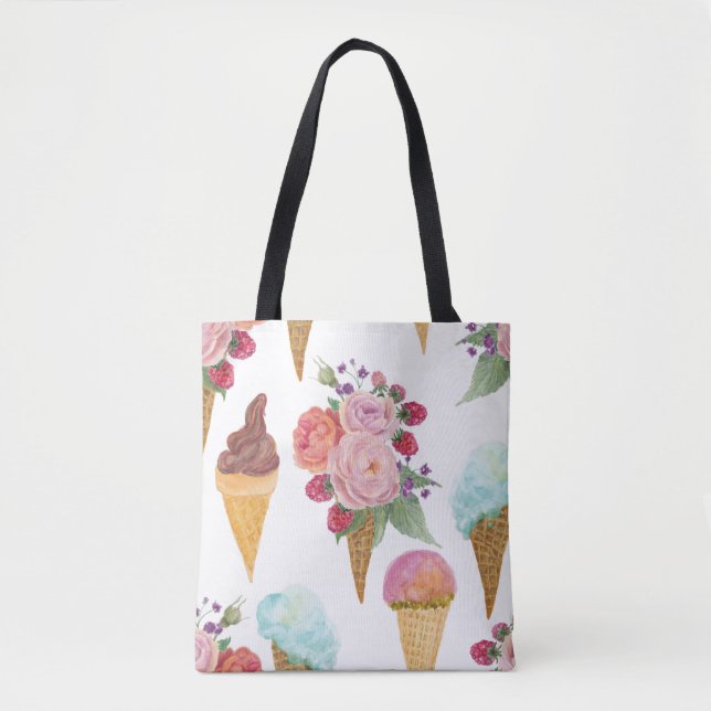Ice-cream, raspberries: watercolor pattern. tote bag (Front)
