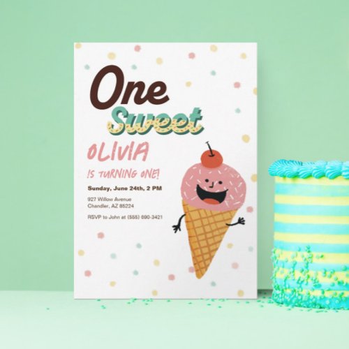 Ice Cream Scoop Girl 1st Birthday Party Invites