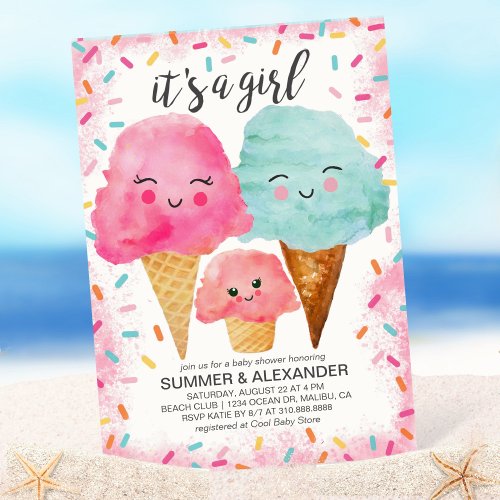 Ice Cream Scoop Sprinkles Girl Summer Baby Shower Invitation