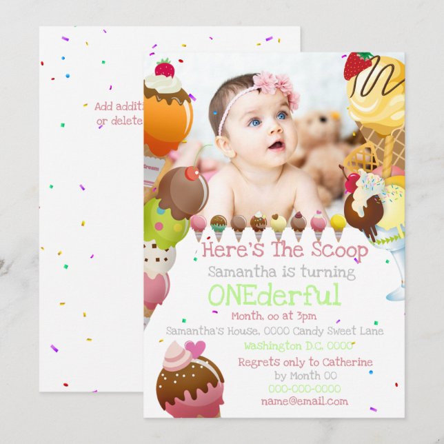 Ice cream scoop summer photo birthday party invitation (Front/Back)