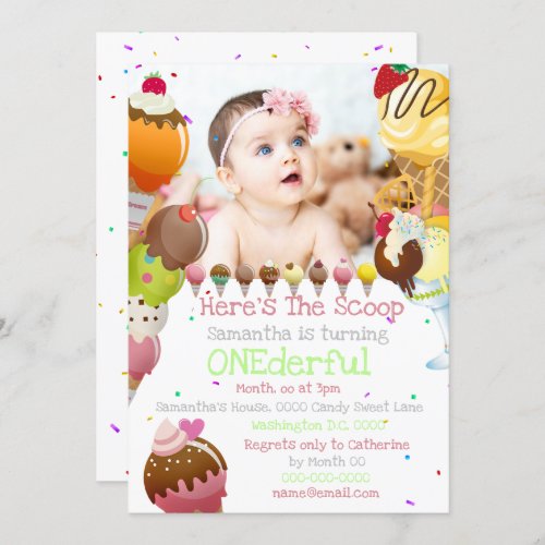 Ice cream scoop summer photo birthday party invitation