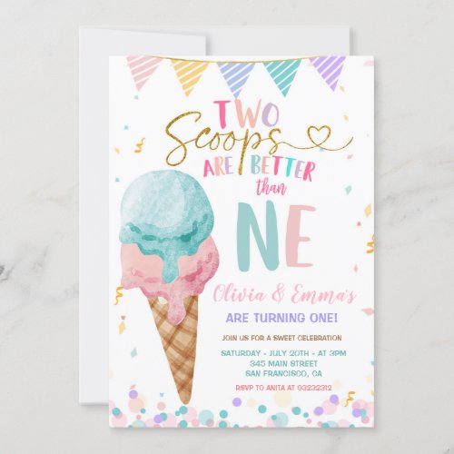 Ice Cream Scoop Twin Girls Birthday Party  Invitation