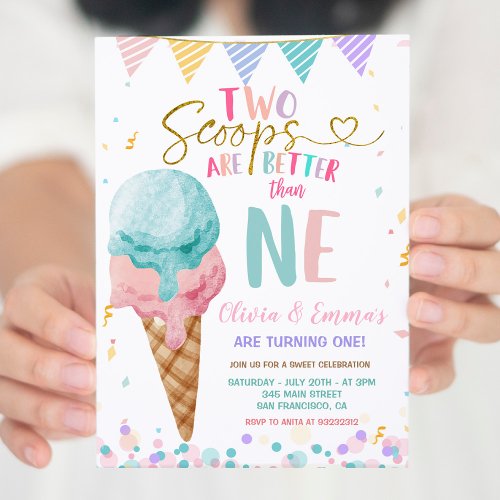 Ice Cream Scoop Twin Girls Birthday Party  Invitation