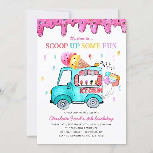 Ice Cream Scoop Up Fun Truck Summer Kids Birthday Invitation