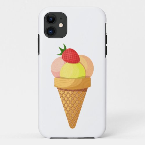 Ice cream scoops and strawberry in waffle cone iPhone 11 case