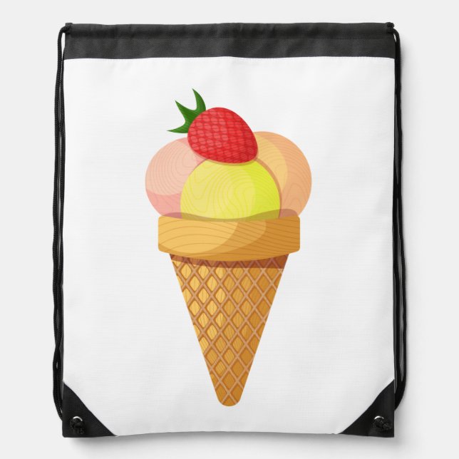 Ice cream scoops and strawberry in waffle cone drawstring bag (Front)