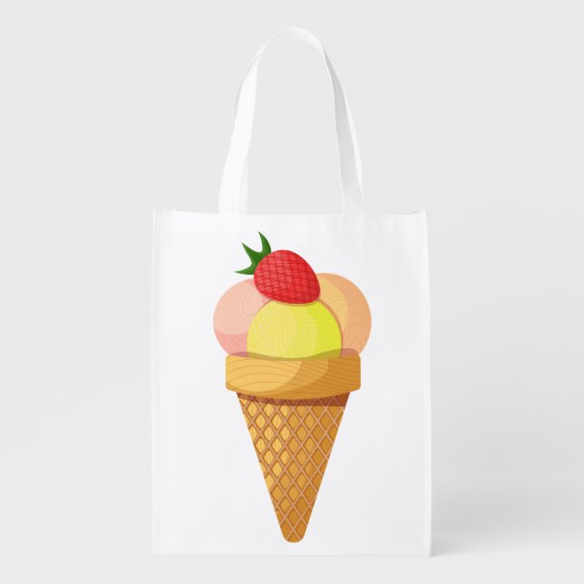 Ice cream scoops and strawberry in waffle cone grocery bag (Front)