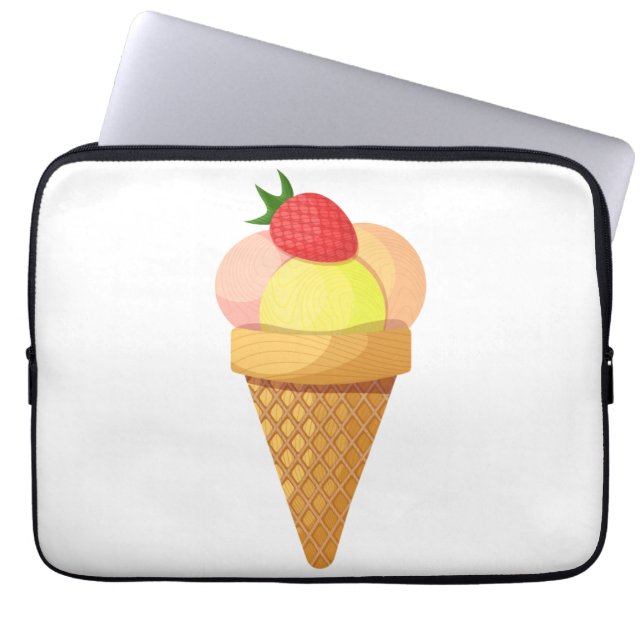 Ice cream scoops and strawberry in waffle cone laptop sleeve (Front)