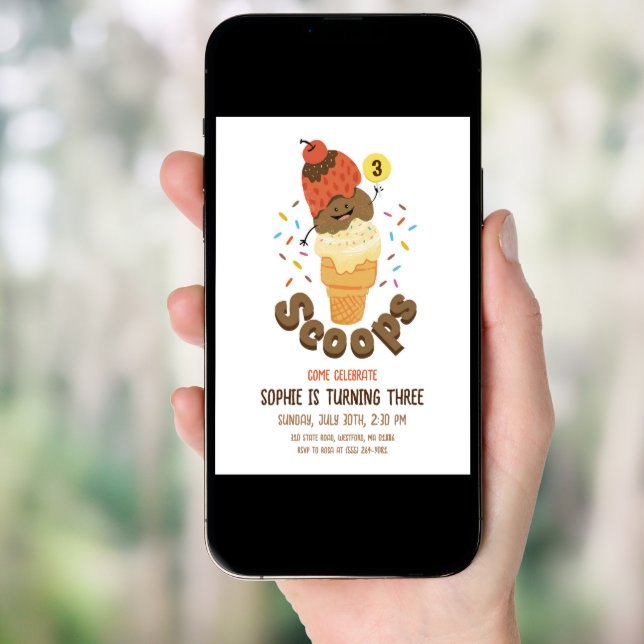 Ice Cream Scoops Kids 3rd Birthday Party Invites (Front Digital)
