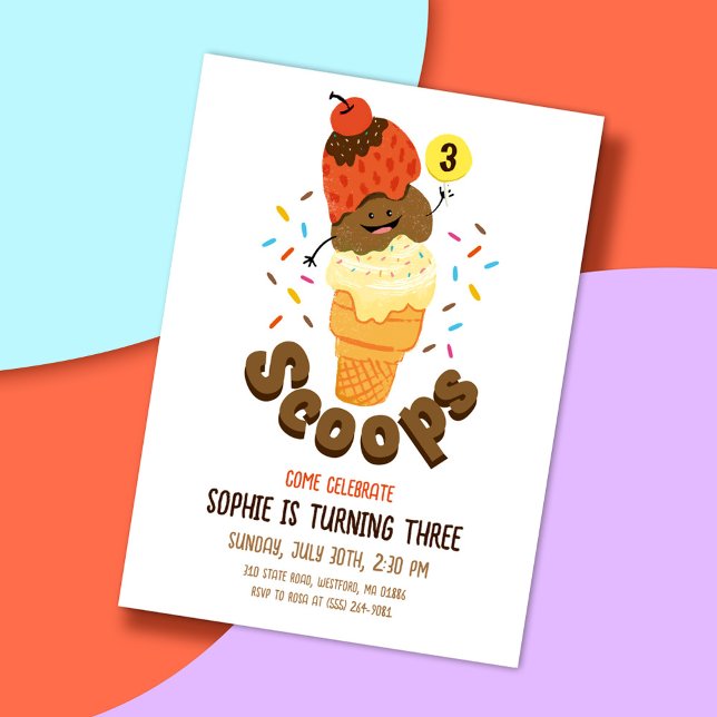 Ice Cream Scoops Kids 3rd Birthday Party Invites (Creator Uploaded)