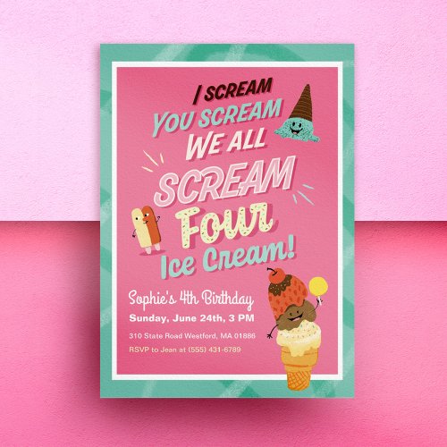 Ice Cream Scoops Kids 4th Birthday Party Invites