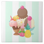 Ice Cream Scoops with Sprinkles Ceramic Tile<br><div class="desc">A ceramic tile illustrated with a bowl of ice cream with 3 delicious scoops covered in candy sprinkles. An ice cream cone also with 3 scoops of chocolate, vanilla and strawberry. A dessert bowl filled with neopolitan flavored ice cream with a delicious cherry on top. A green and white stripes...</div>