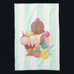 Ice Cream Scoops with Sprinkles Kitchen Towel<br><div class="desc">A kitchen towel illustrated with a bowl of ice cream with 3 delicious scoops covered in candy sprinkles. An ice cream cone also with 3 scoops of chocolate, vanilla and strawberry. A dessert bowl filled with neopolitan flavored ice cream with a delicious cherry on top. A green and white stripes...</div>
