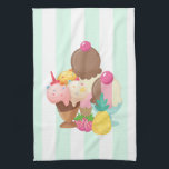 Ice Cream Scoops with Sprinkles Kitchen Towel<br><div class="desc">A kitchen towel illustrated with a bowl of ice cream with 3 delicious scoops covered in candy sprinkles. An ice cream cone also with 3 scoops of chocolate, vanilla and strawberry. A dessert bowl filled with neopolitan flavored ice cream with a delicious cherry on top. A green and white stripes...</div>
