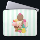 Ice Cream Scoops with Sprinkles Laptop Sleeve<br><div class="desc">Laptop sleeve illustrated with drawing of a 3 scoop ice cream sundae with colorful sprinkles. An ice cream cone with scoops of chocolate, strawberry and vanilla. A bowl of neopolitan ice cream with a cherry on top. Strawberries and a pineapple fruit sit beside the bowls. Summery and sweet. A mint...</div>