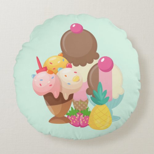 Ice Cream Scoops with Sprinkles Round Pillow