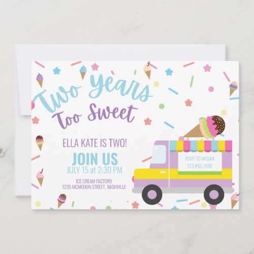 Ice Cream Second Birthday Baby Girl Boy Invitation