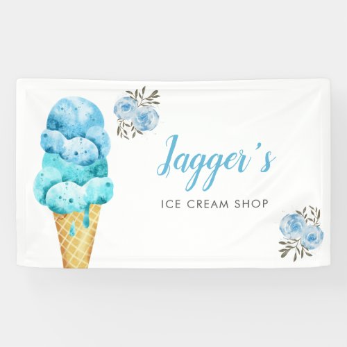 Ice Cream Shop Blue Floral Birthday Party Banner