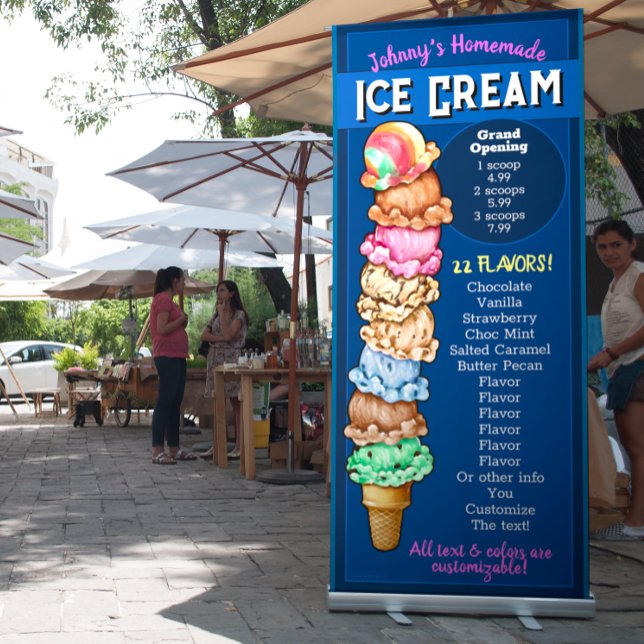 Ice Cream Shop Ice Cream Flavors Menu Advertising Retractable Banner (Easy and affordable way to attract attention AND let them know your flavors. )