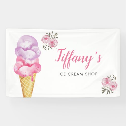 Ice Cream Shop Pink Floral Birthday Party Banner